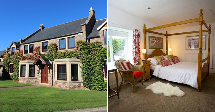 External view of cottage at Plawsworth Hall and bedroon inside The Old Post Office b&b